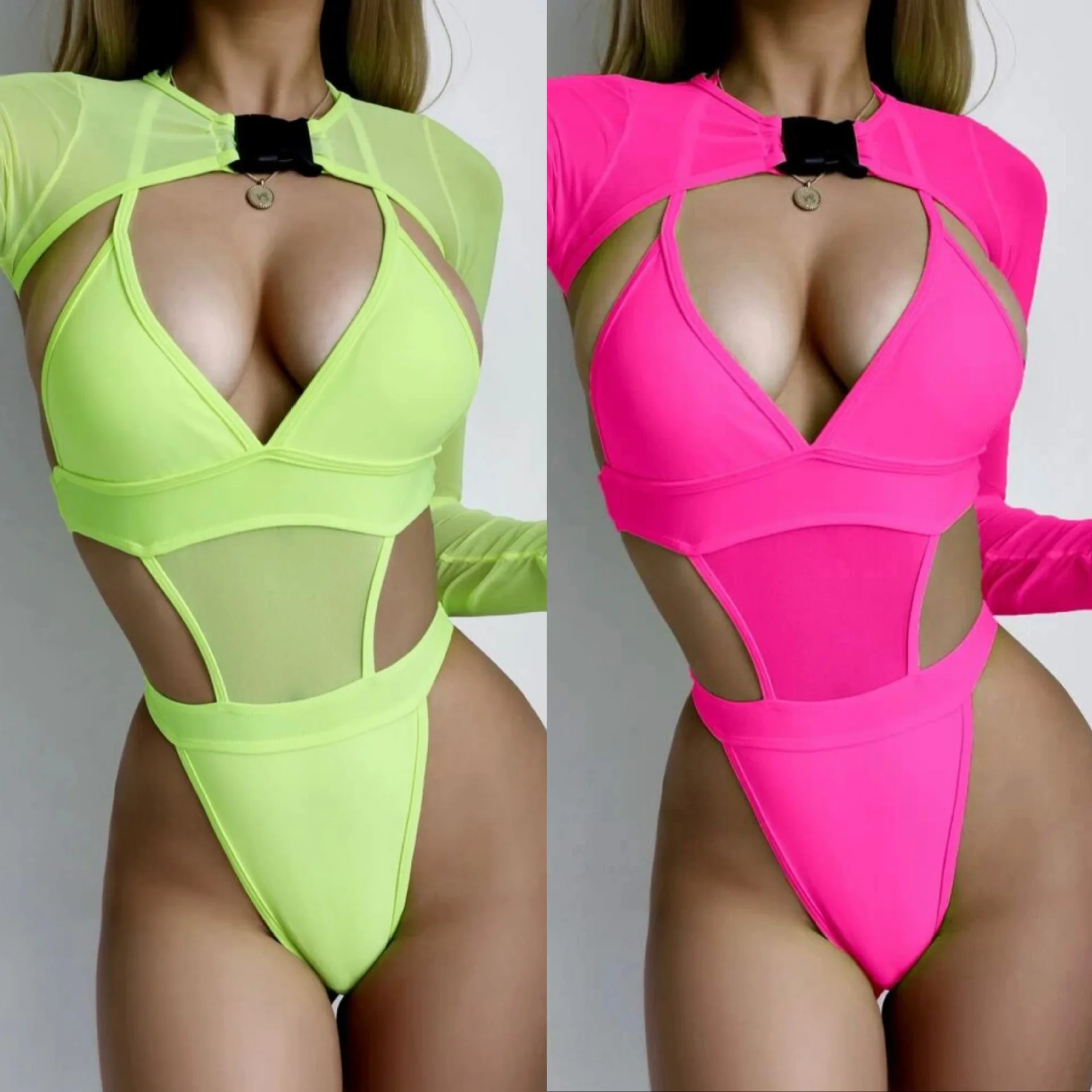 

2022 Sexy Women Bikini Swimsuit Set Solid Color Sleeveless Backless Halterneck Bodysuit and Long Sleeve Shrug Beachwear