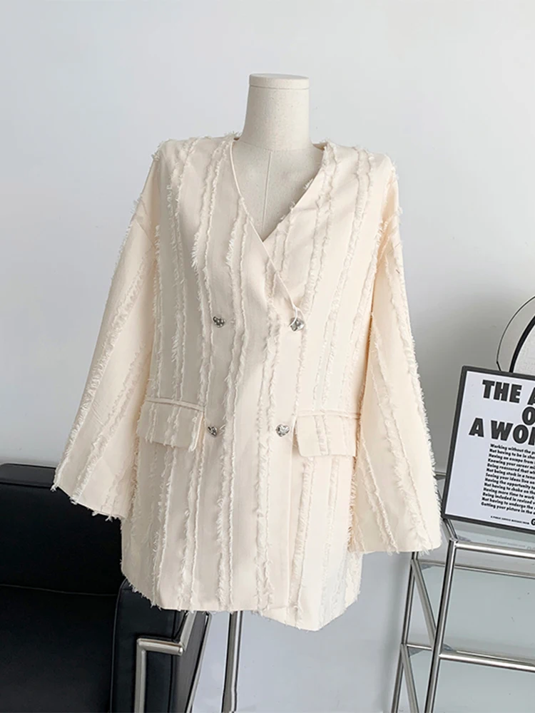 

Autumn Winter Women New V-neck Solid Color Tassel Design Suit Coat Baggy Long Sleeve Double Breasted Chic Female Blazer Trendy