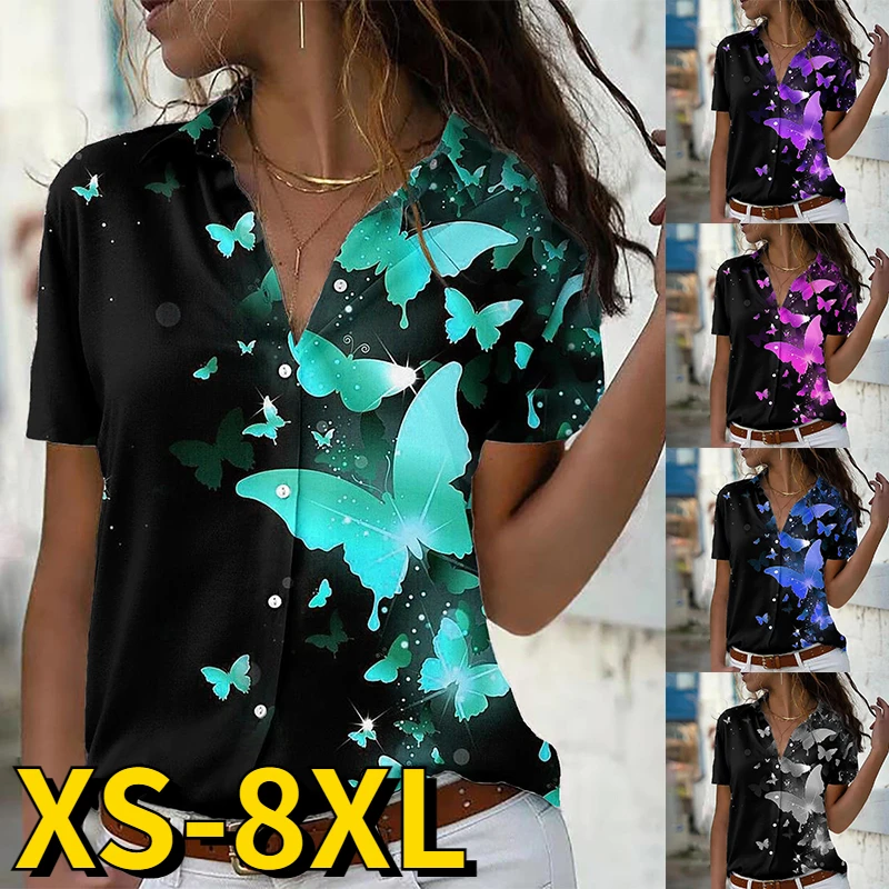 

2023 Summer Women Retro Loose Size Short Sleeve Everyday Street Trend Blouse Spring Sexy V-neck New Design Printing Button Shirt
