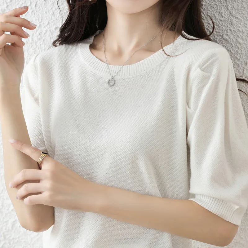 

Round Neck Tencel Pure Cotton Solid Color T-Shirt New Women's Summer Korean Fashion Short Sleeve Basic Loose Relaxed Knitted Top