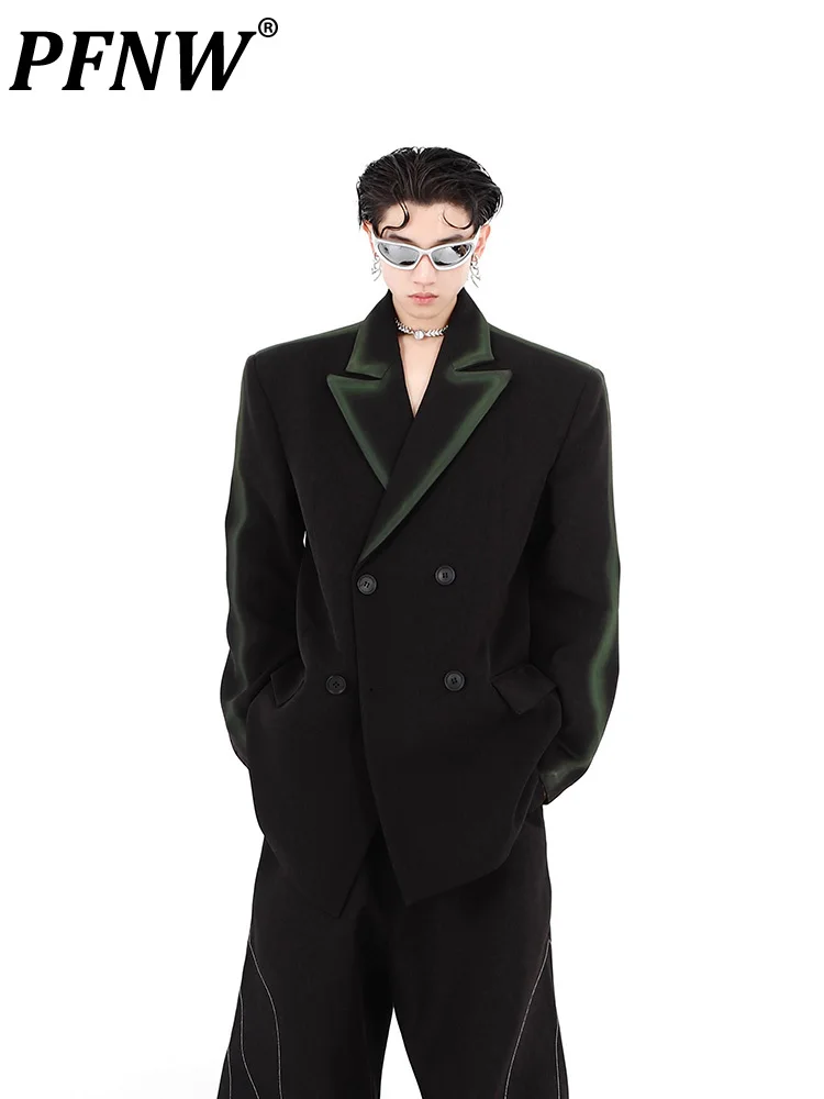 

PFNW Niche Bright Line Black Green Gradient Shoulder Silhouette Suit Coat Men's Loose High-grade Design Sense Blazers 12A5487