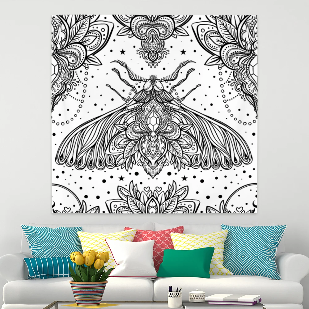 

Psychedelic Gothic Fantasy Witchy Butterfly Bohemian Mystical Moth Black and White Goth Dorm Decor Wall Hanging Home Decorations