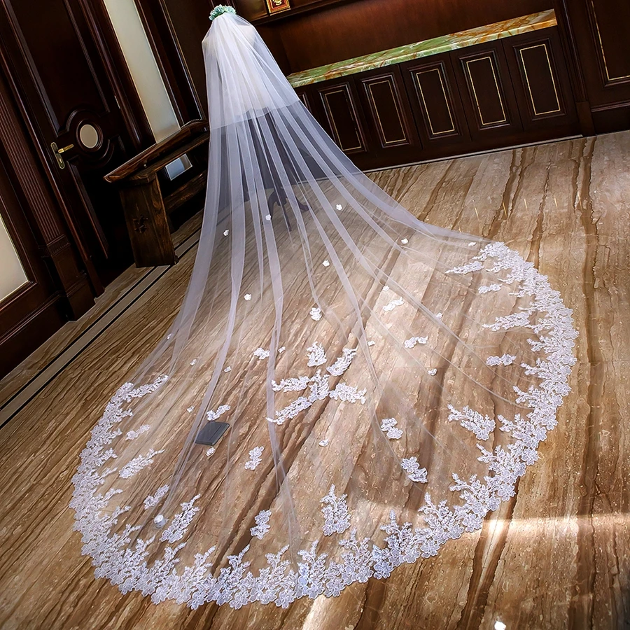 

In Stock Cathedral Wedding Veils With Comb Two Layers Appliques Long Bride Veil mariage Veils Accessories Véu de noiva