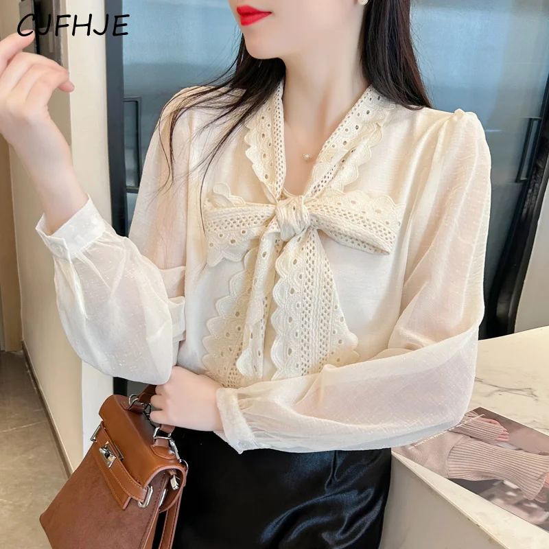 CJFHJE Весенняя кружевная Черная Женская рубашка с длинным рукавом бантом