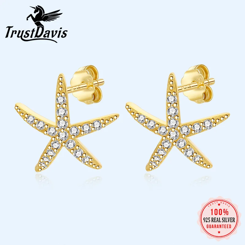 

TrustDavis Real 925 Sterling Silver CZ Earring Cubic Zirconia Starfish Stud Earrings For Women Daughter Fine Jewelry Gift DF053