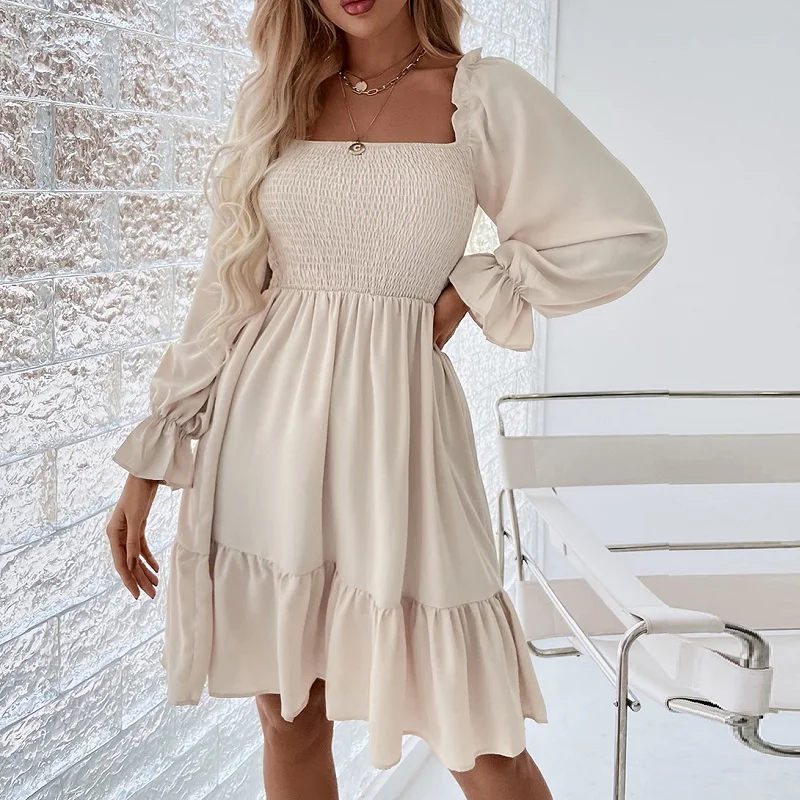 

Elegant Fashion Women A-line Dresses 2021 Fall New Solid Hedging Square Collar Ruffle Sleev High Waist Folds Backless Midi Dress