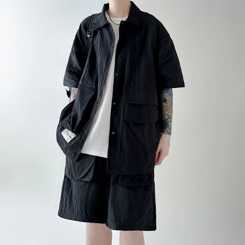 Summer Sets Men Fashion Retro Pocket Short Sleeved Shirt Shorts Two-piece Men Streetwear Loose Cargo Sets Mens Short Sets M-2XL