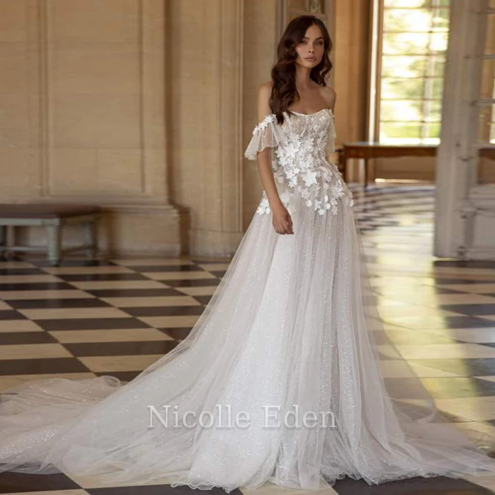 

Nicolle Eden Shiny Tulle Off The Shoulder Wedding Dresses Lace Appliques Formal Bride Gown Vestido De Casamento Custom Made