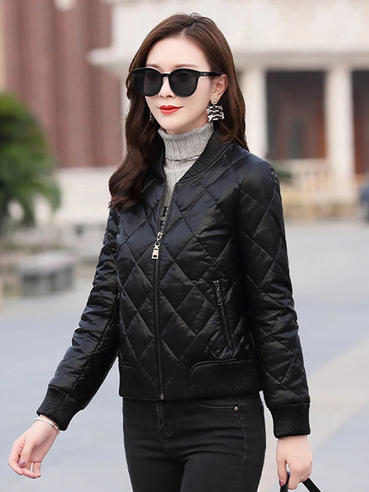 New Women Leather Down Jacket Autumn Winter Casual Fashion Baseball Style Warm Slim Short Sheepskin Coat Split Leather Jacket