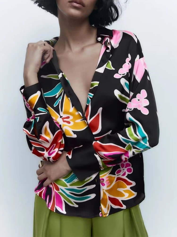 

Женская однобортная блузка с длинным рукавом, с цветочным принтом