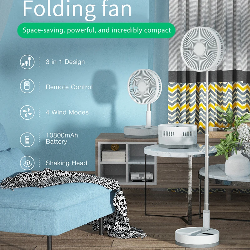 Camping Fan 4 Gear Remote Controlled Office Fan Desktop Floor Folding Telescopic Home Outdoor With LED Rechargeable Portable Fan