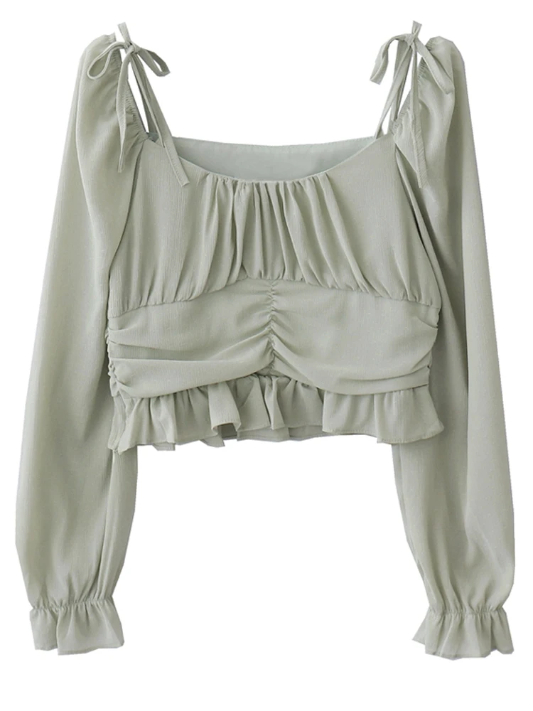 

New fashion girl cute chiffon folds long sleeve blouse casual Bandage womens tops female OL office ladies tops dropshipping