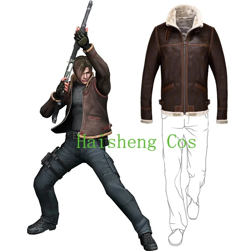 

Biohazard Resident 4 Leon S Kennedy Evil Costume Leather Coat Jacket Cosplay PU Faur Jacket Long-sleeve Winter Outerwear Men Boy