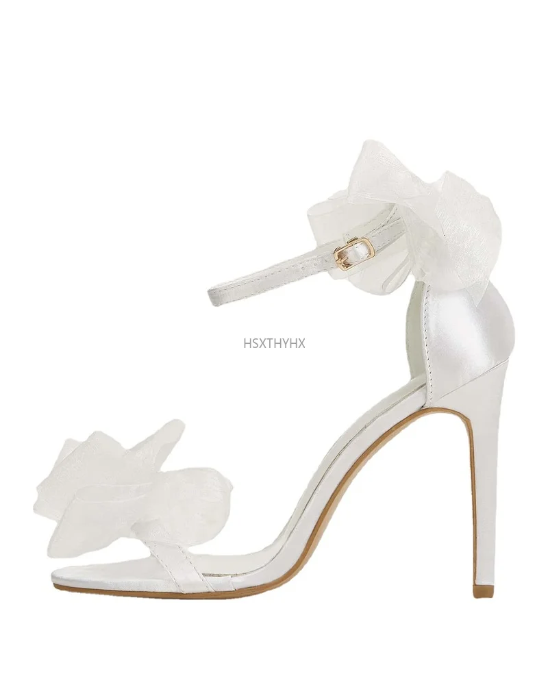 

Босоножки женские свадебные с бантом, туфли на шпильке, заостренный носок, высокий каблук, черные, белые, большие размеры до 42