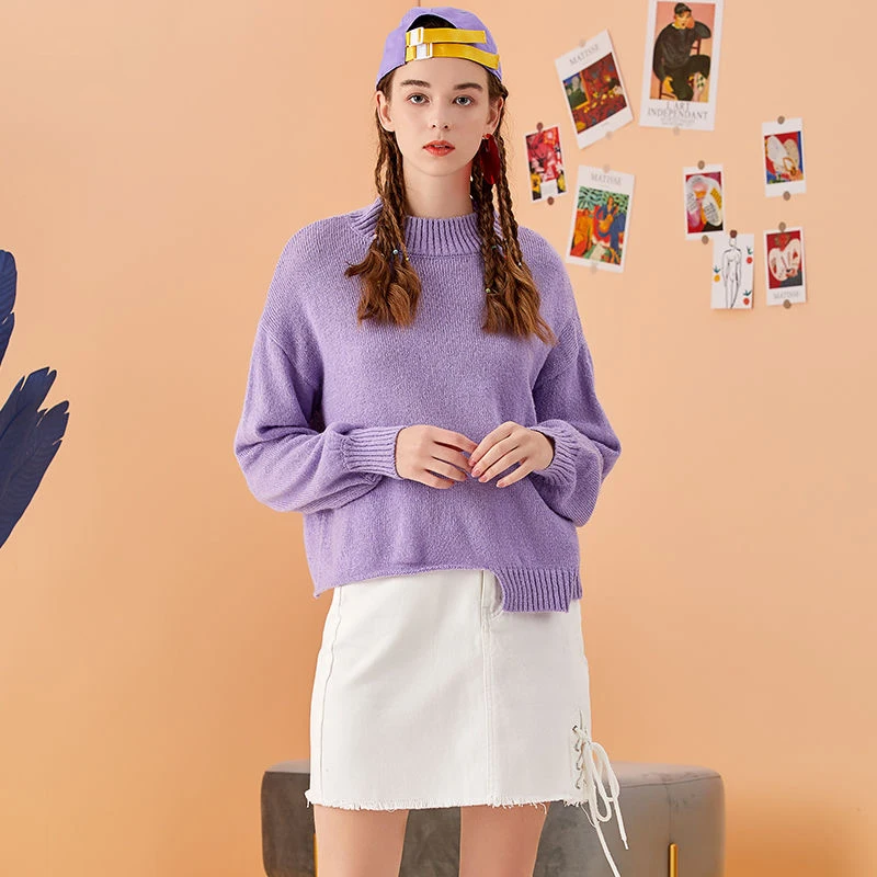 

2022 New Purple Sweater Slim O-Neck Pullover Women Fashion Korean Basic Knitted Top Full Sleeve Spring Femal Clothe