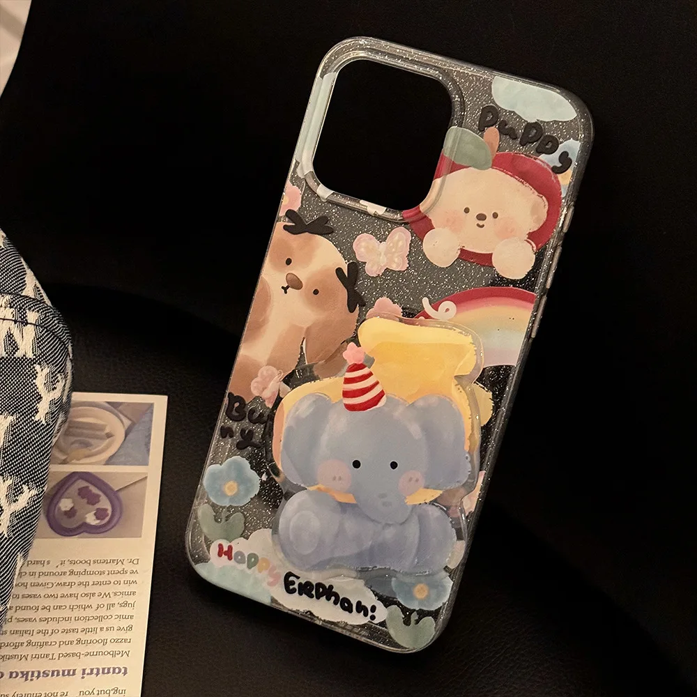 Блестящий чехол для телефона со слоном iPhone 16 15 14 13 Plus Pro Max с держателем задняя