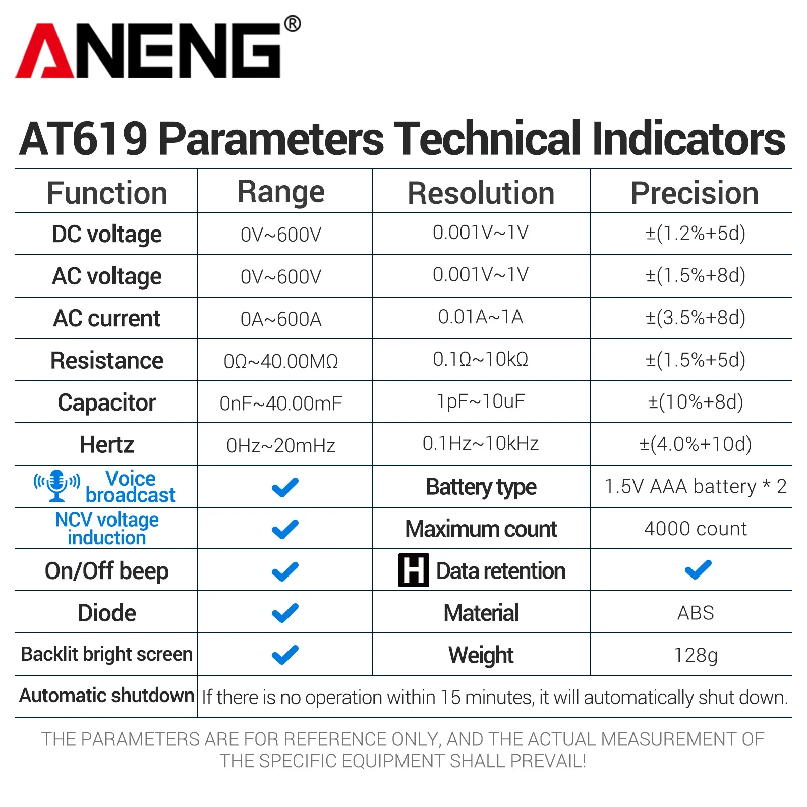 ANENG AT619 Клещевой измеритель с голосовым оповещением, 4000 отсчетов, NCV, ACDC 600В, 600А, тестер диодов, проверки целостности цепи, подсветка, автоматическое отключение, тестер для электриков (art.: 3920dd0839531) - 3920dd0839531