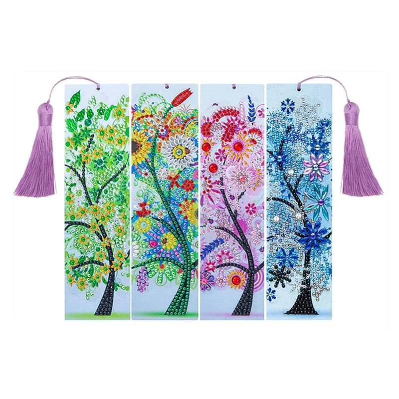 

4PCS 5D Diamond Painting Bookmarks Painting Kits for Adults Seasons Trees Art Special Shape Diamonds 8.3X2.4 Inch