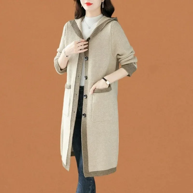 Женский вязаный свитер с капюшоном длинный шерстяной кардиган свободного покроя