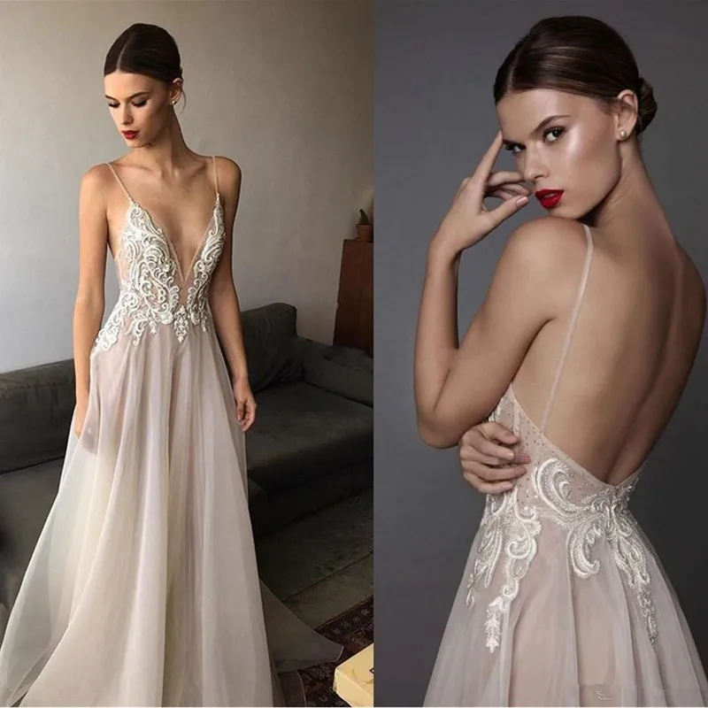 

Sexy Ivory Berta Evening Dresses Deep V Neck Spaghetti Straps Embroidered Chiffon Backless Summer Illusion Long Prom Dresses