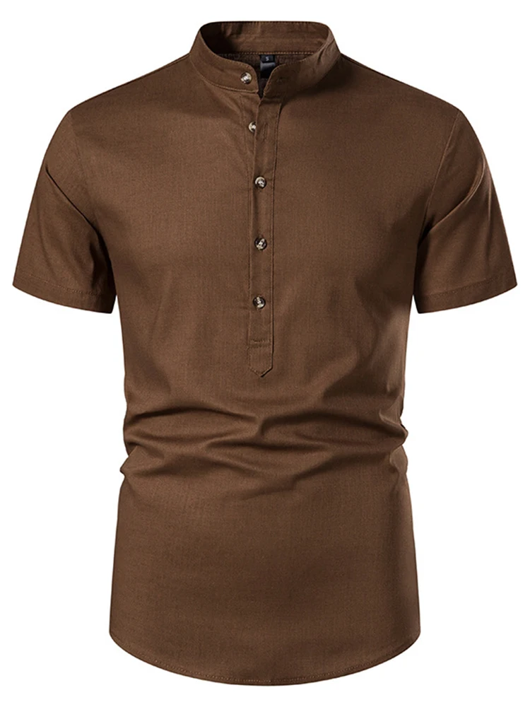 

2022 Summer Fashion New Mens Buttoned T-Shirt Vintage Stand Collar Tops Streetwear Casual Short Sleeve Solid Tee Shirts For Men