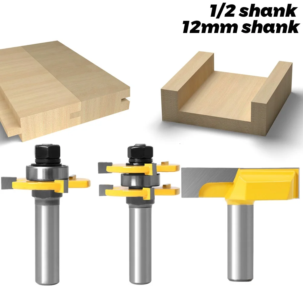 

3PC/Set 1/2" 12.7MM 12MM Shank Milling Cutter Wood Carving Tongue Groove Joint Assemble Router Bits 3/4" Stock T-Slot Cutter