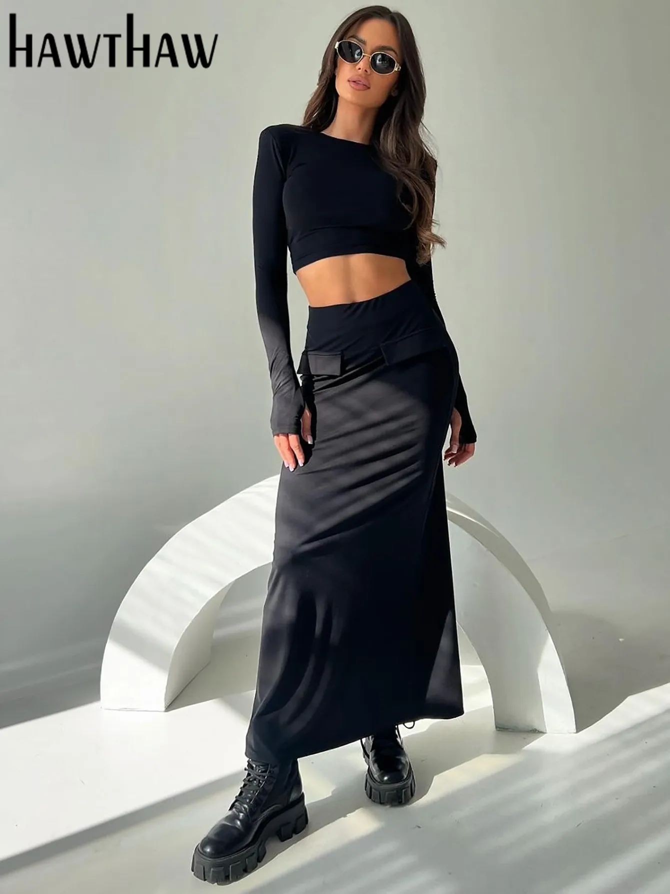 Hawthaw Women 2024 Spring Autumn Long Sleeve Crop Tops Skirts Two Piece Sets Outfit Basic Wholesale Items For Business