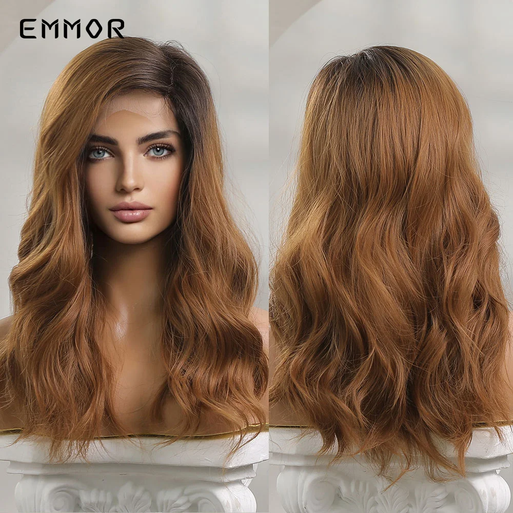 

Emmor Synthetic T-part Lace Wigs Long Wavy Ombre Brown Lace Wig Fashion Side Part Nature Hair Wig for Women Daily Wig