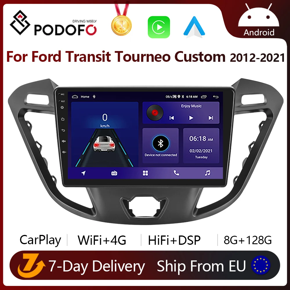 Podofo CarPlay Car Android Radio For Ford Transit Tourneo Custom 2012-2021 Multimedia Player 2din GPS Navigation HiFi Head Unit