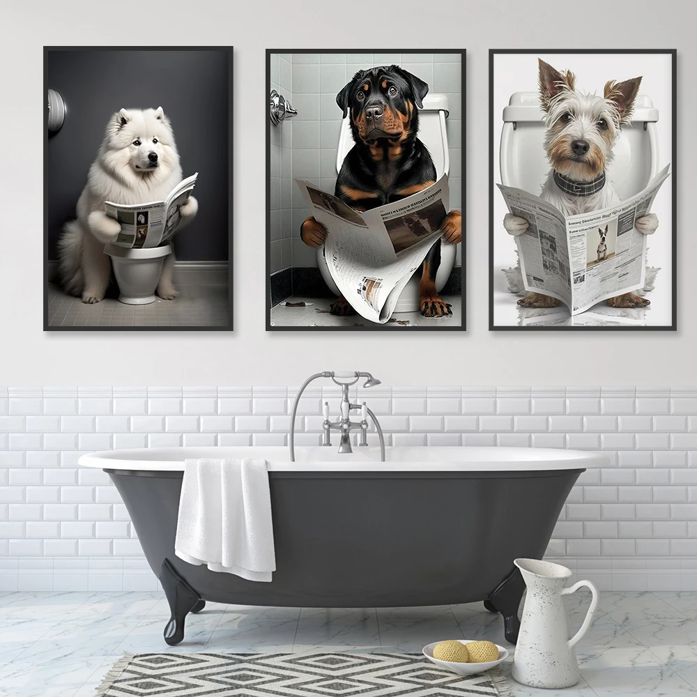 Ротвейлер самоид терьер и собака сидят на фетоилете газета настенное Искусство