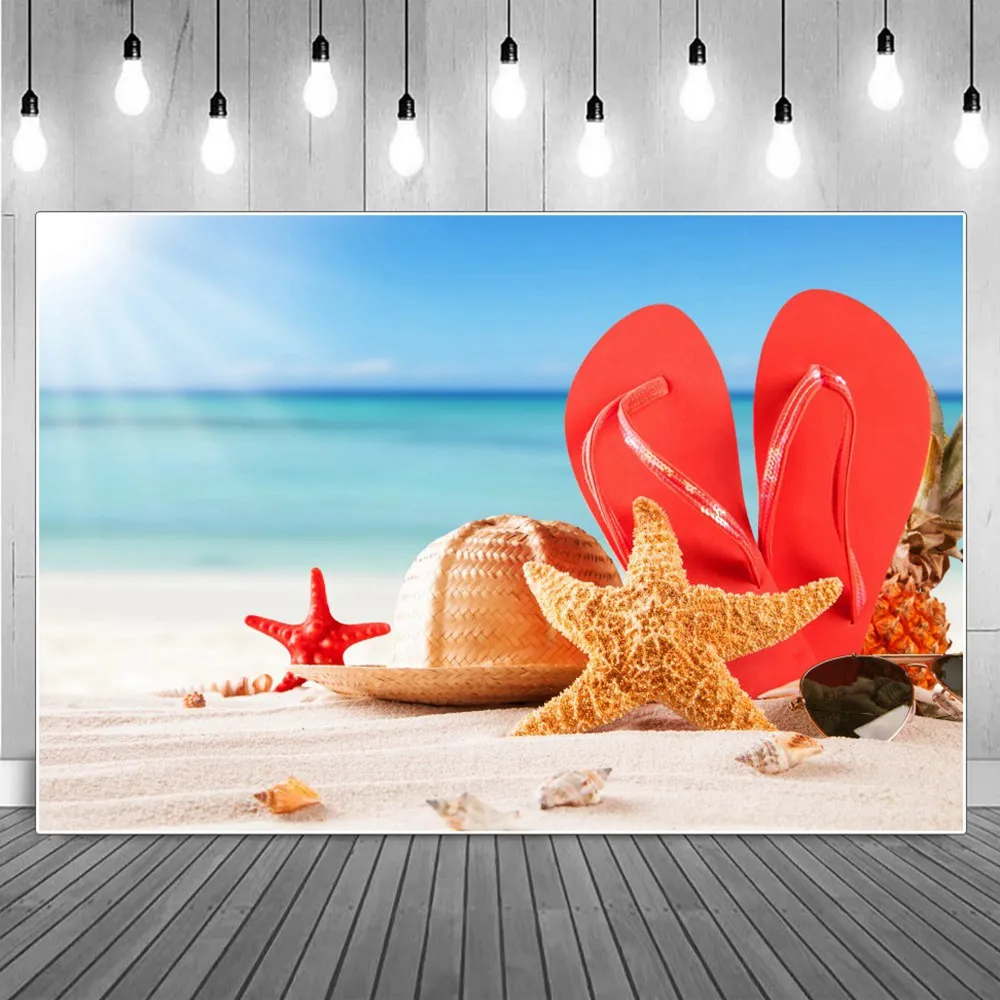 

Sea Beach Hat Flipflops Sunglasses Summer Holiday Photography Backgrounds Starfish Shell Party Decoration Photocall Backdrops