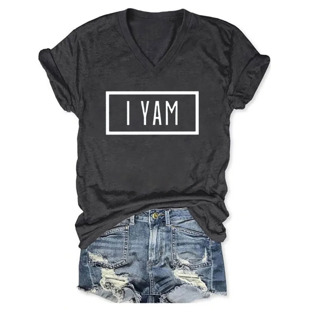 

Rheaclots Women's I Yam Printed V-neck Short Sleeve T-Shirt