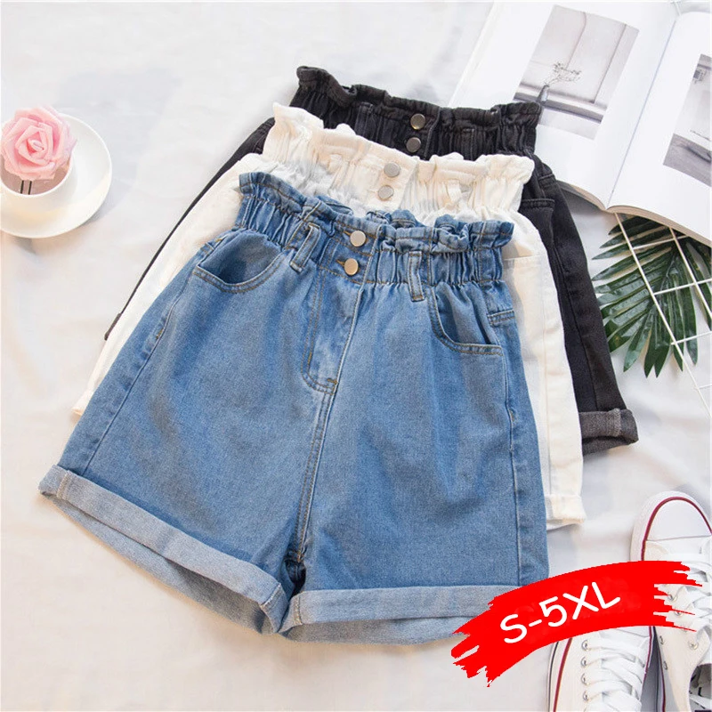

Summer Blue Women Denim Shorts Women S-5XL Harem Ruffled Black High Waisted Shorts Female Elastic Short Jeans
