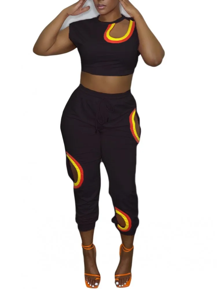 

Hole Fashion Casual Women Two-piece Set Summer Short Sleeve Crop Tees Pants Matching Suit Lady Tracksuit Sporty Jogger Outfit