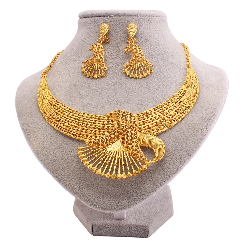 Dubai 24K Gold Jewelry Set Women's Brazilian Bride Wedding Necklace Earrings Two Piece Creative Birthday Gift Set