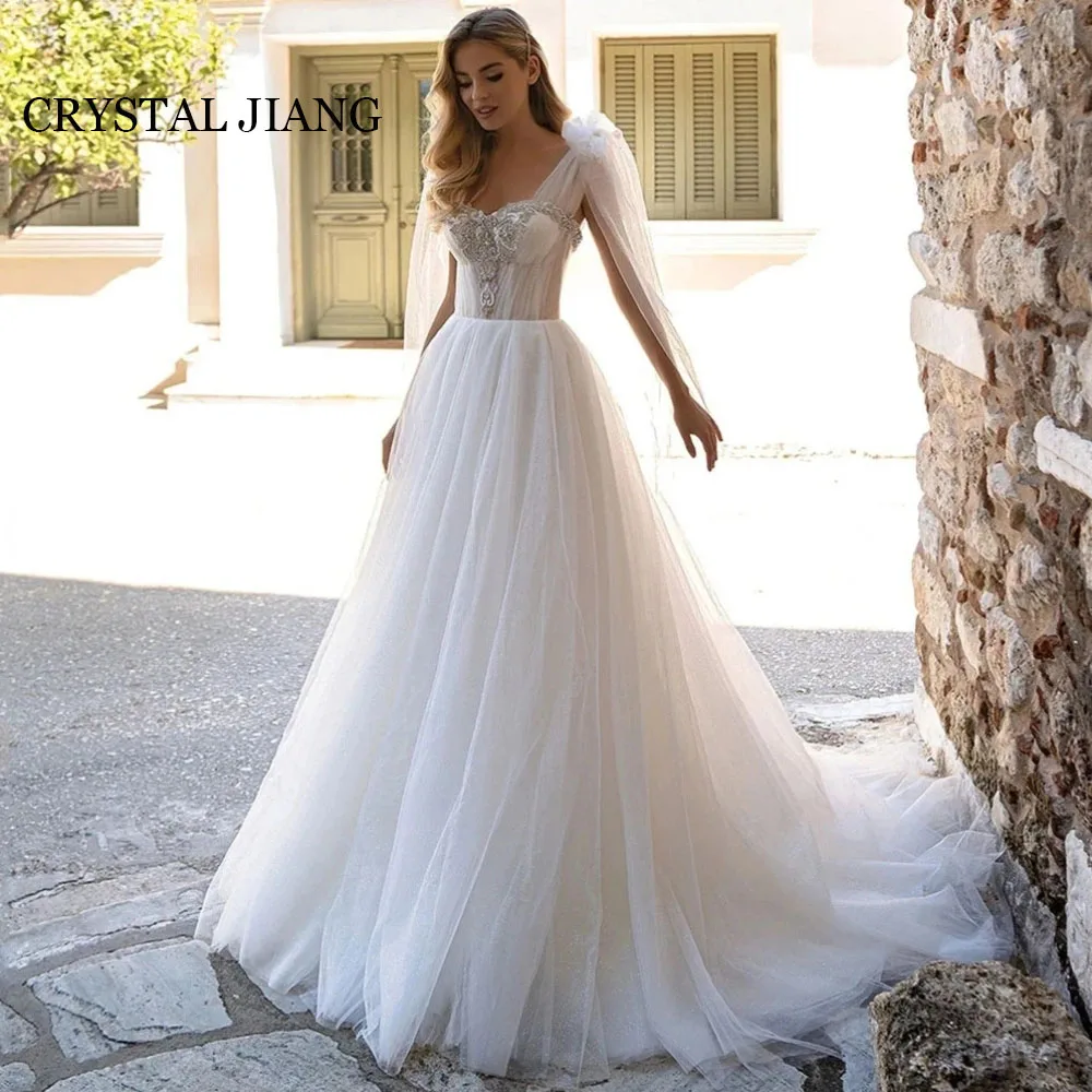 

Luxury Long Square Collar Wedding Dresses Sleeveless Tulle with Lace Applique A Line Sweep Train Vestidos Para Mujer