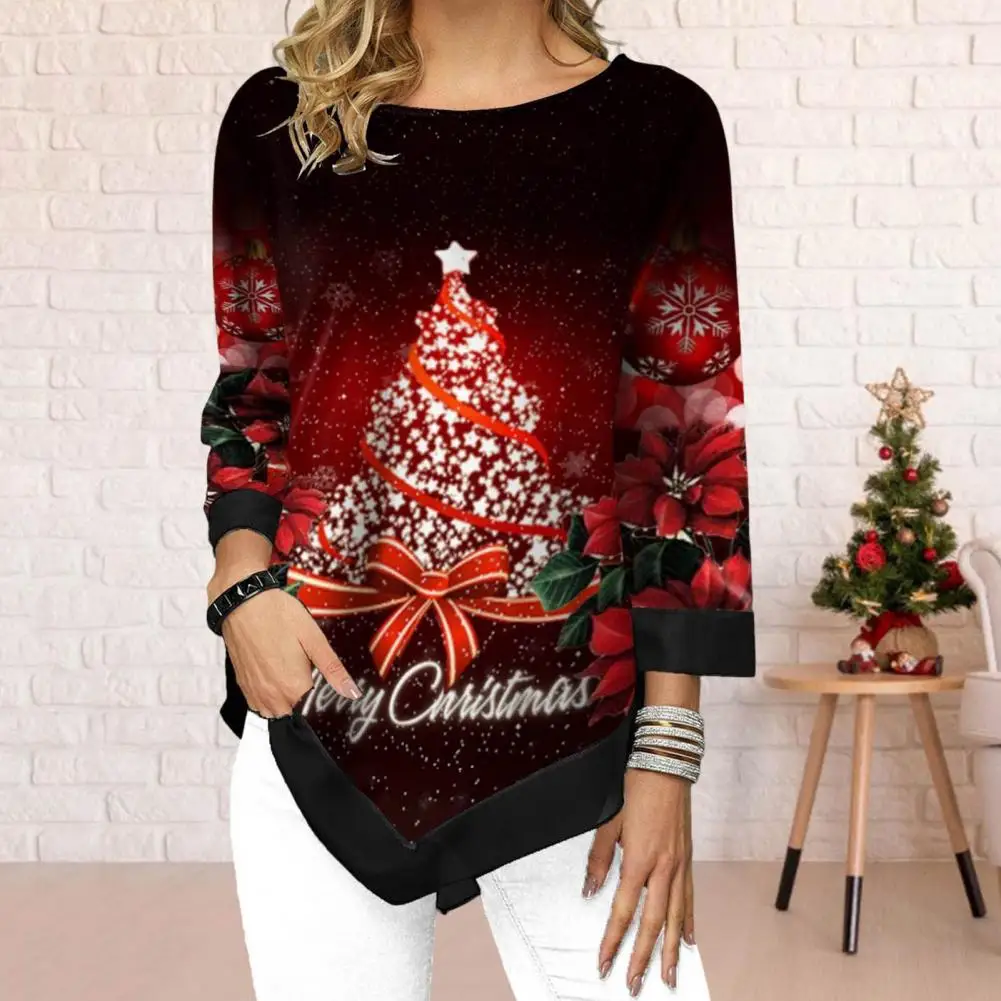 

3D Cutting Anti Pilling Christmas Tree Top Star Print Autumn Tee Top Female Clothing