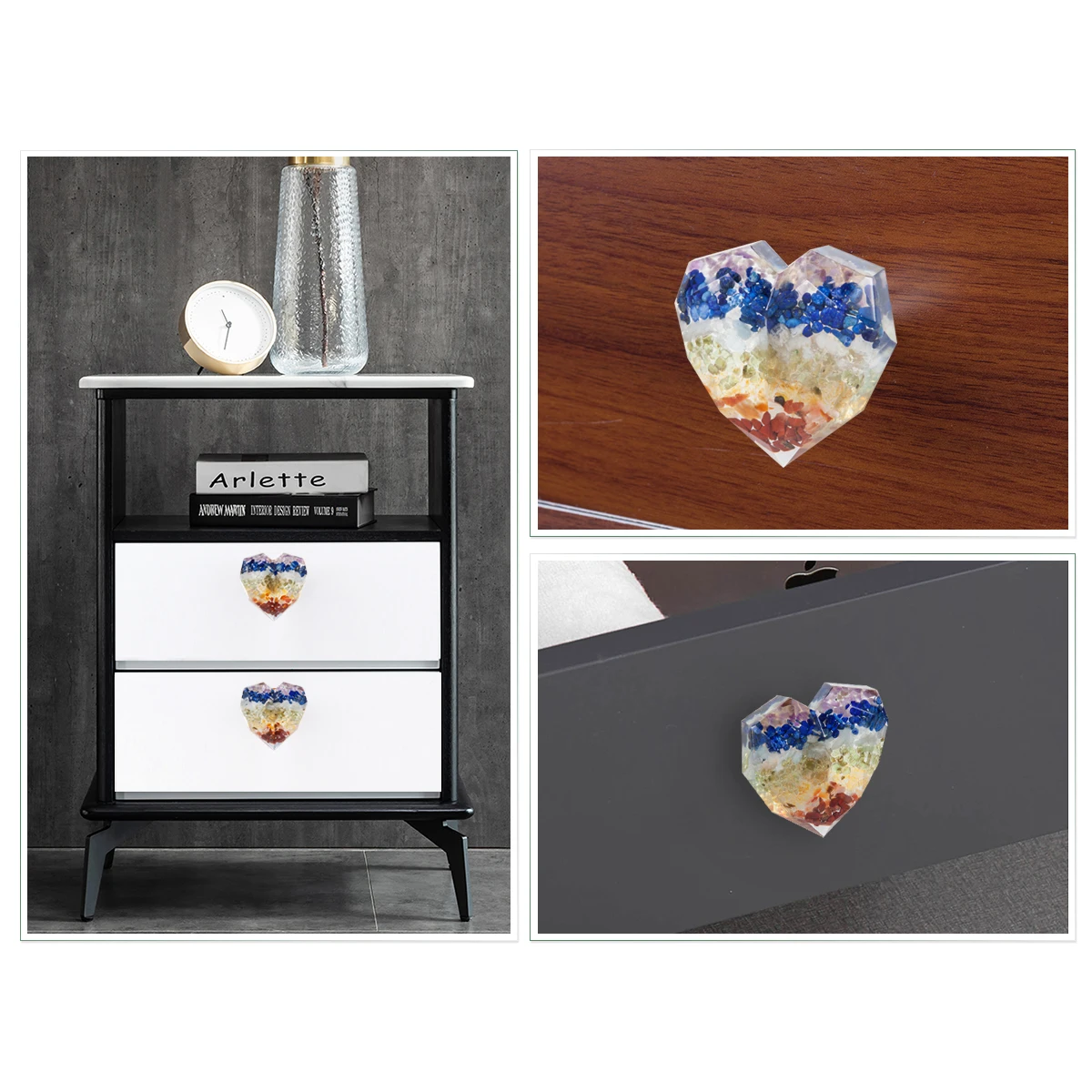 7 Chakra Drawer Knobs With Screws Heart Shape Resin Crystal Stone Pulls Handles For Dresser Cupboard Kitchen Wardrobe Hardware