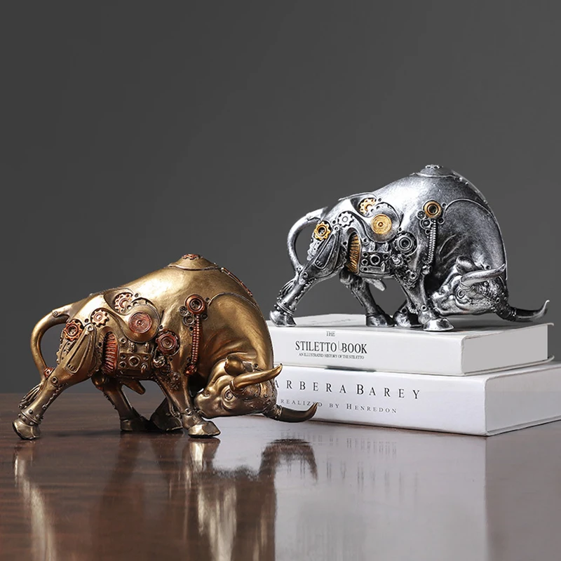 

Creative Mechanical Style Bull Statue Resin Animal Figurines Decor Living Room Cattle Sculpture Office Decoration Accessories