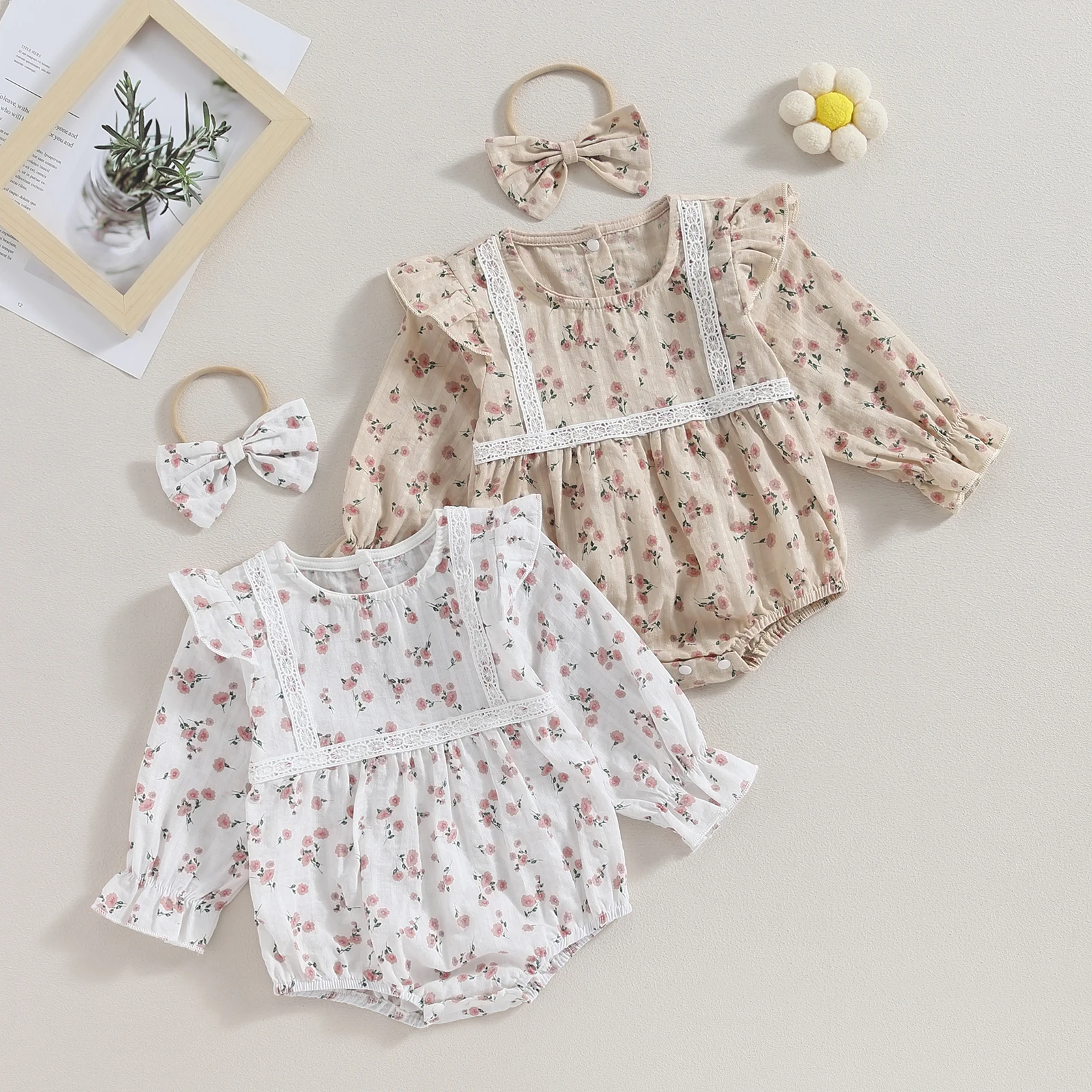 

Комбинезоны для маленьких девочек с цветочным принтом, кружевная отделка для младенцев, боди с оборками на рукавах и повязкой на голову, наряд, осенняя одежда для новорожденных, комбинезоны