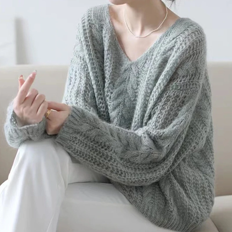 

Autumn Fashion V-neck Knitted Jumper Sweater Women Winter Long Sleeve Loose Pullovers Women Thin Hollow Out Warm Knitwears 29564