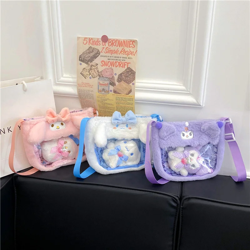 

Kawaii Sanrio Kuromi Cartoon Plush Doll Bag Kawali Cute Figure Cinnamoroll My Melody Anime Messenger Bag Shoulder Girl Backpack