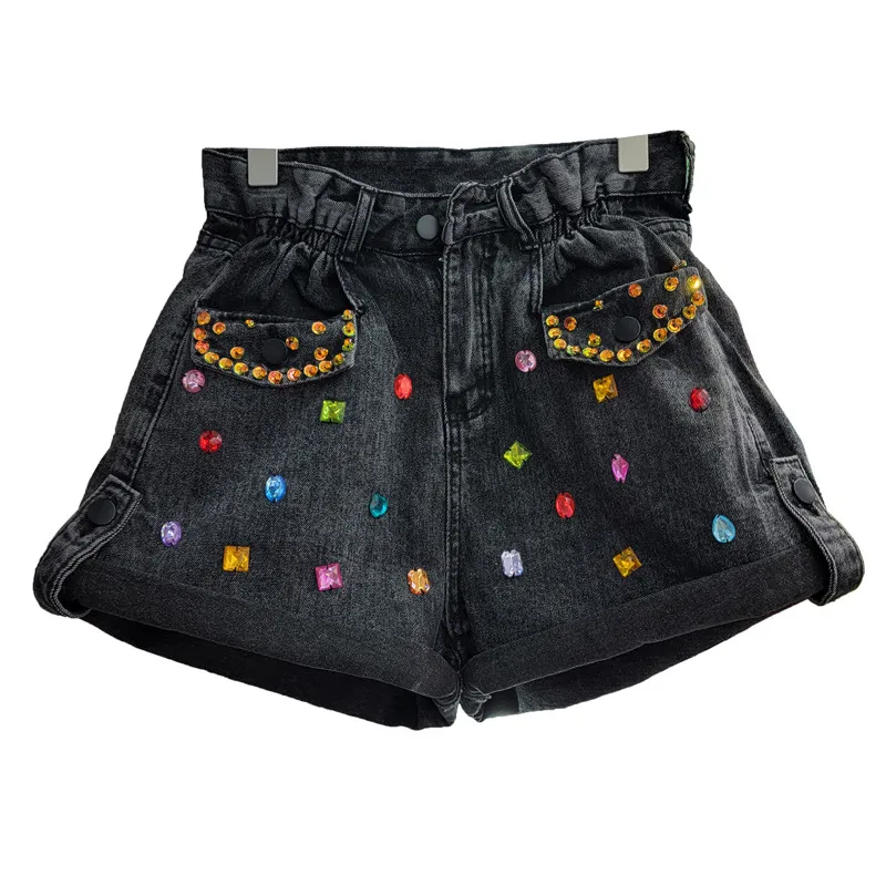 Women's Summer 2023 New Women's Short Pants Exquisite Rhinestone High Waist Slimming and Wide Leg Denim Shorts for Lady