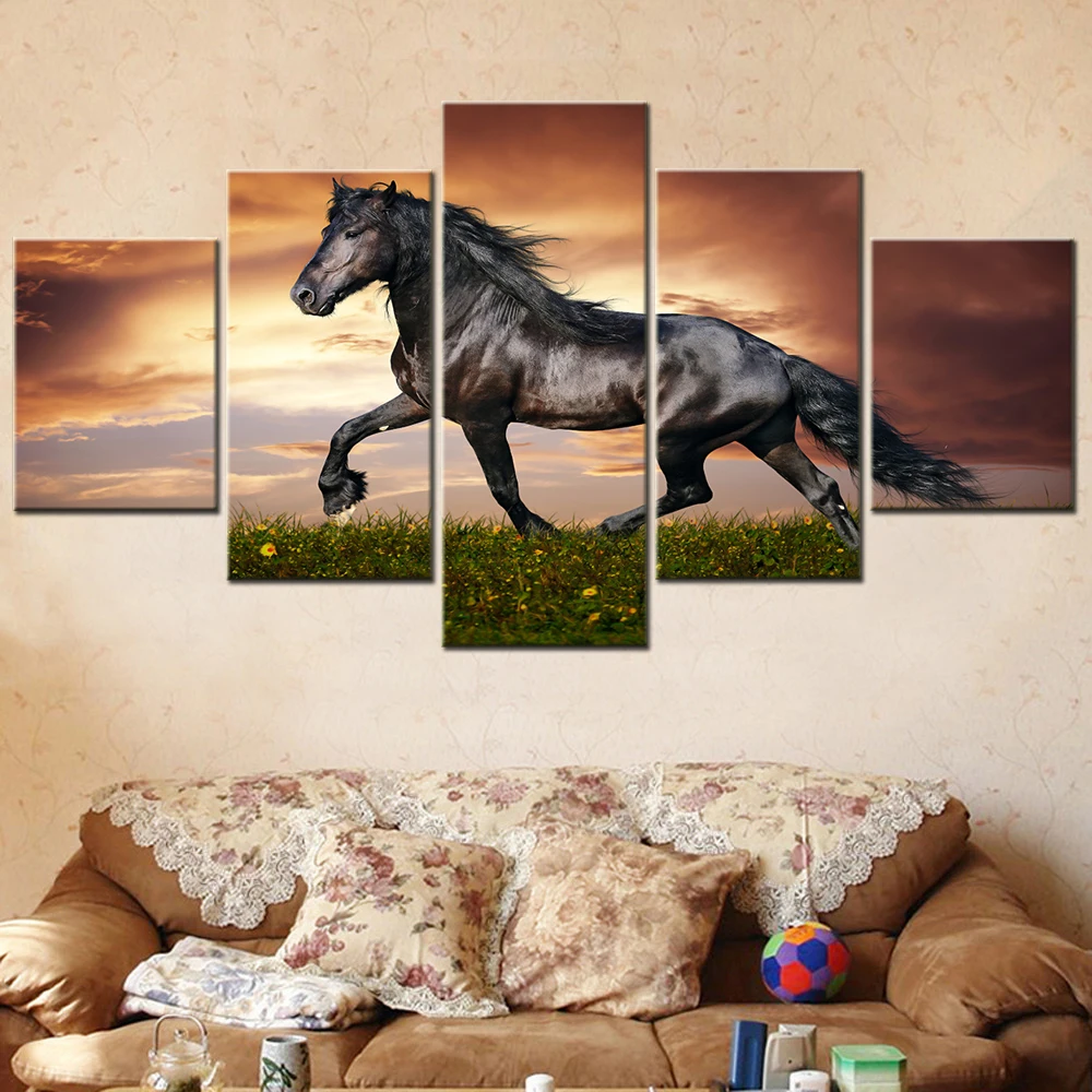 

Sunset Scenery Running Black Horse Canvas Wall Art Pictures Modular Canvas Painting for Bedroom Decoration Modern Wall Decor