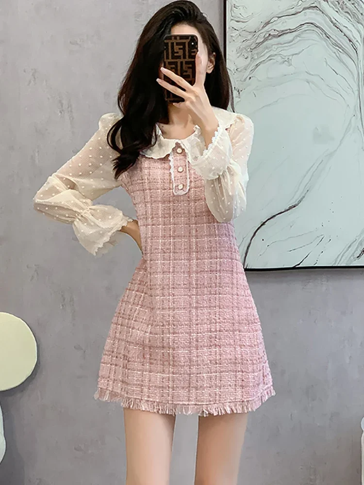 

Женское короткое платье с кисточками, розовое клетчатое платье составного кроя с белым кукольным воротником, элегантное корейское платье на осень и зиму, 2023