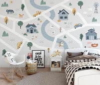 custom nordic cartoon house road car wall painting mural wallpaper for childrens room bedroom wall papers home decor stickers