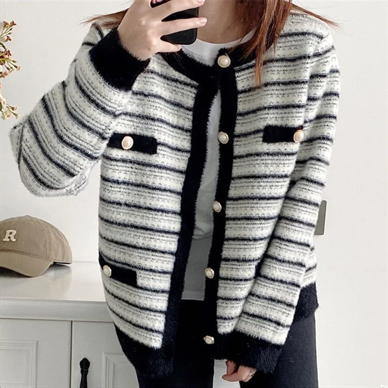 

Женский однобортный Кардиган в полоску, черный вязаный кардиган с длинным рукавом в стиле ретро, Осень-зима 2023