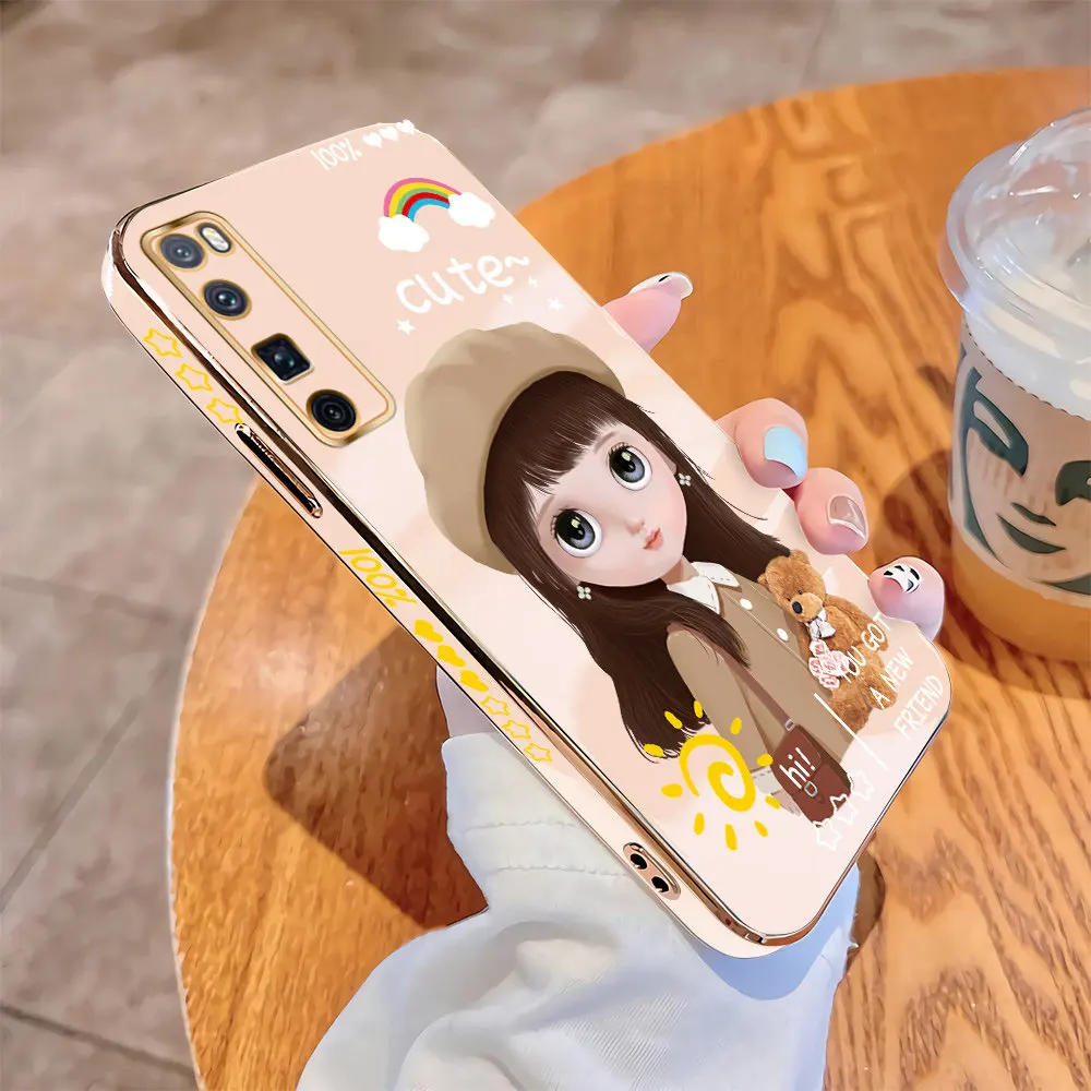 

For Huawei Nova 7 Pro 7 SE 7i 8i 6SE Luxury Square Case Cartoon Girls Plating Soft TPU Cover Shockproof Cases