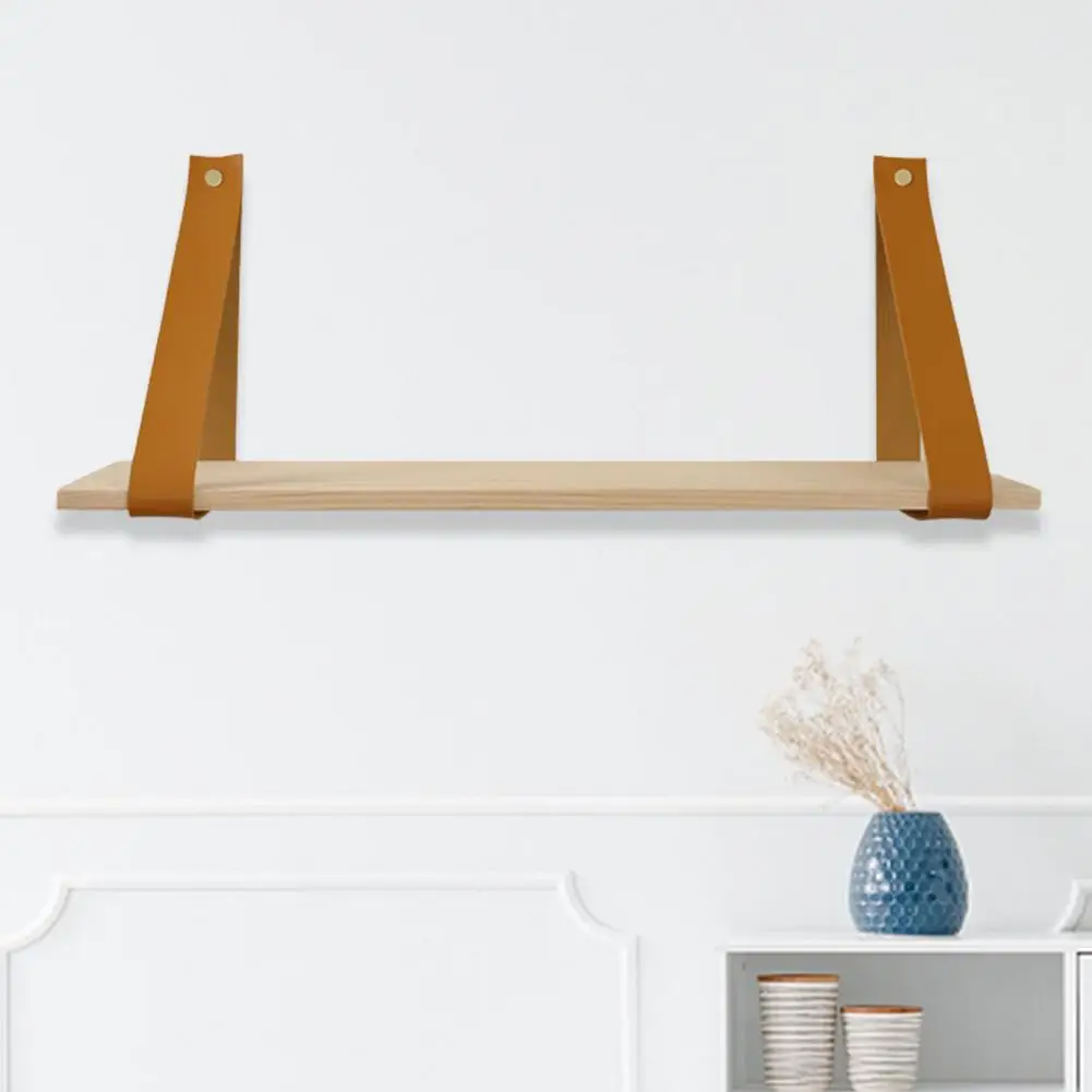 

Wood Wall Shelf Wall Mounted Shelves Swing PU Leather Hanging Rope Wall Decorative Shelf Rack for Living Room Office Bedroom