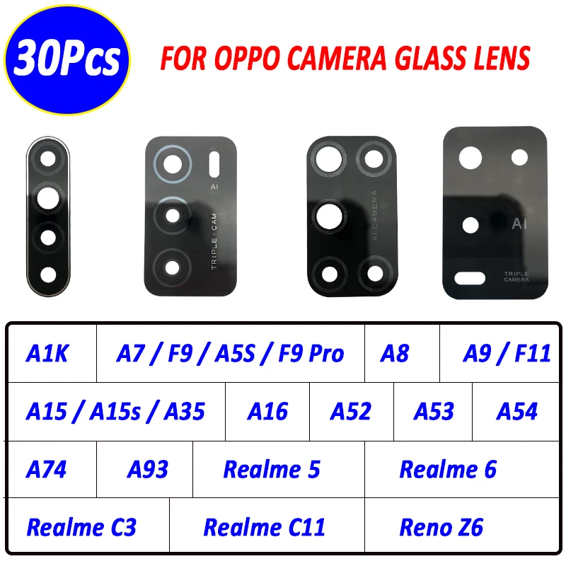 30 шт. новая стеклянная линза задней камеры с клеем для Oppo A1k A5S A8 A9 A15 A16 A52 A53 A54 A74 A93